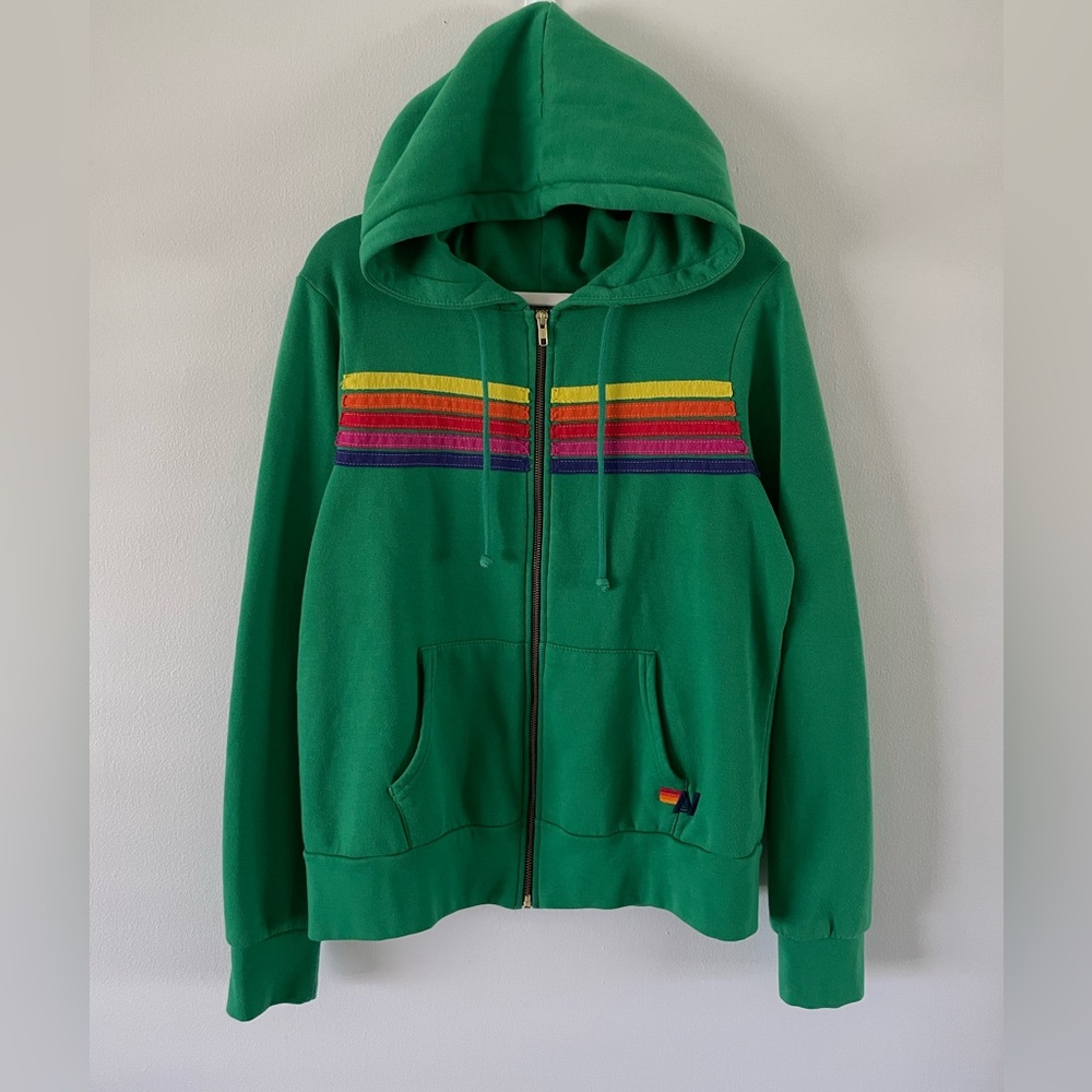 Aviator Nation 5 Stripe Green Zip Up Hoodie Size M Made USA Rare St Pattys Day - Picture 10 of 11